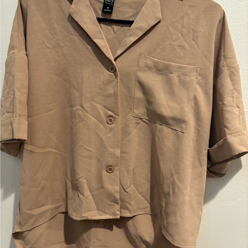Stylish Tan Button-Up Blouse